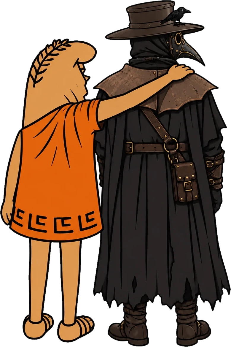 Lil Caesar in an orange toga with his arm around the shoulders of a tall plague doctor, both seen from behind