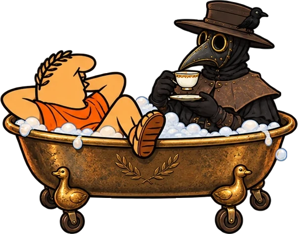 Both of them in a brass bathtub full of bubbles; the doctor sips tea