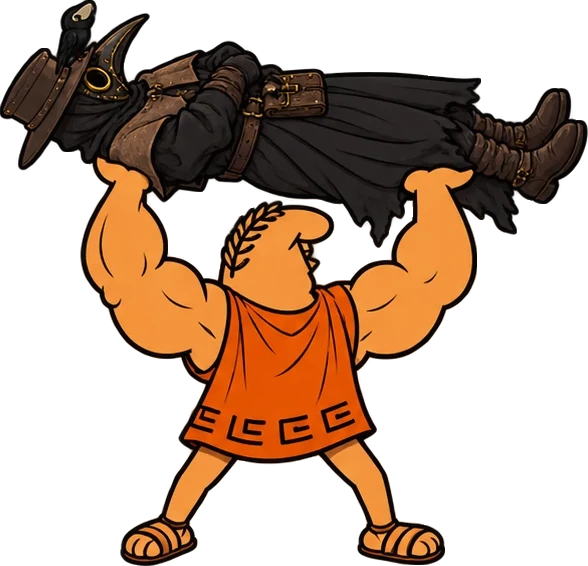 A very muscular Lil Caesar lifting the plague doctor over his head