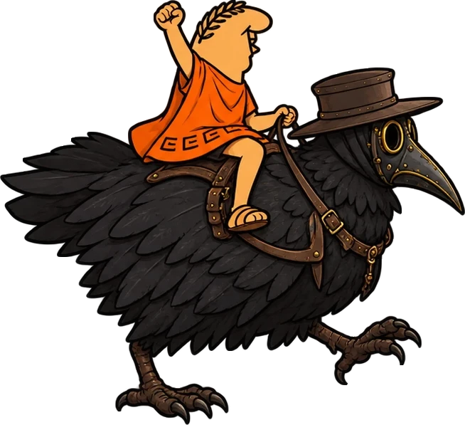 Lil Caesar riding a giant raven that wears the doctor's mask and hat